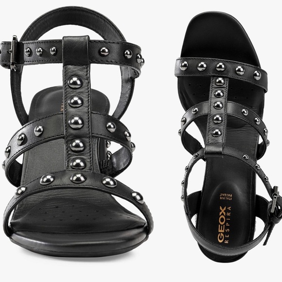 Geox | Seyla Studded T-Bar Sandals, Black Leather - Picture 2 of 2
